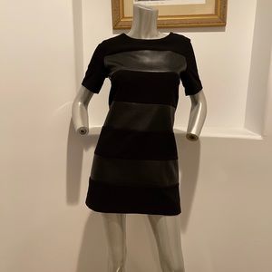Striped Black Mini Dress with Leather-Look Panels